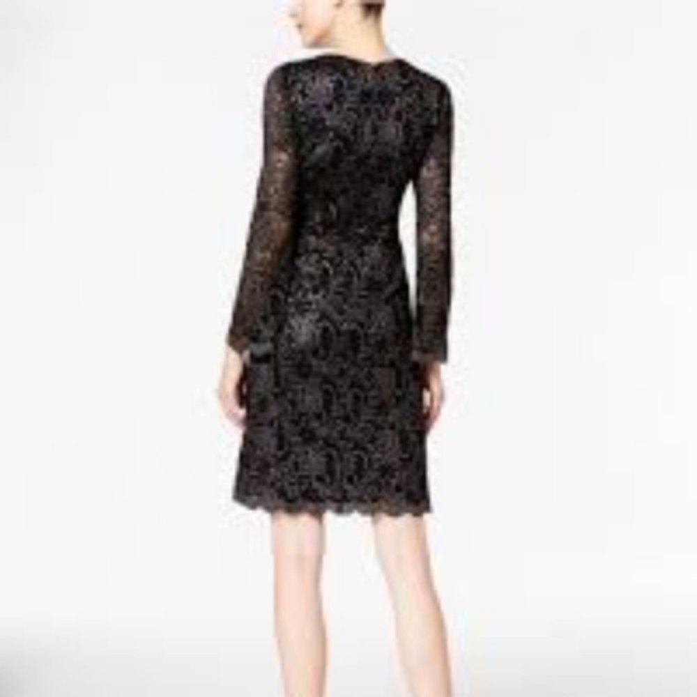 Black Metallic Bell Sleeves Flocked Lace Dress - Picture 2 of 8